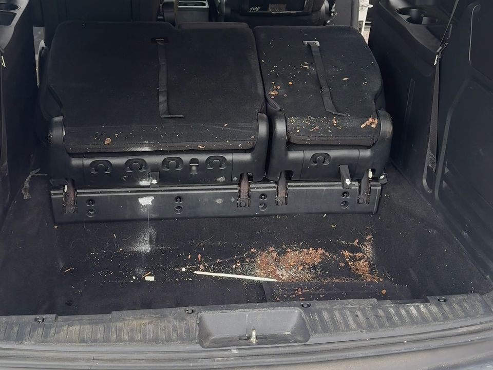 Minivan cargo area before a WEC detail, with crumbs, debris and dirt across the carpet